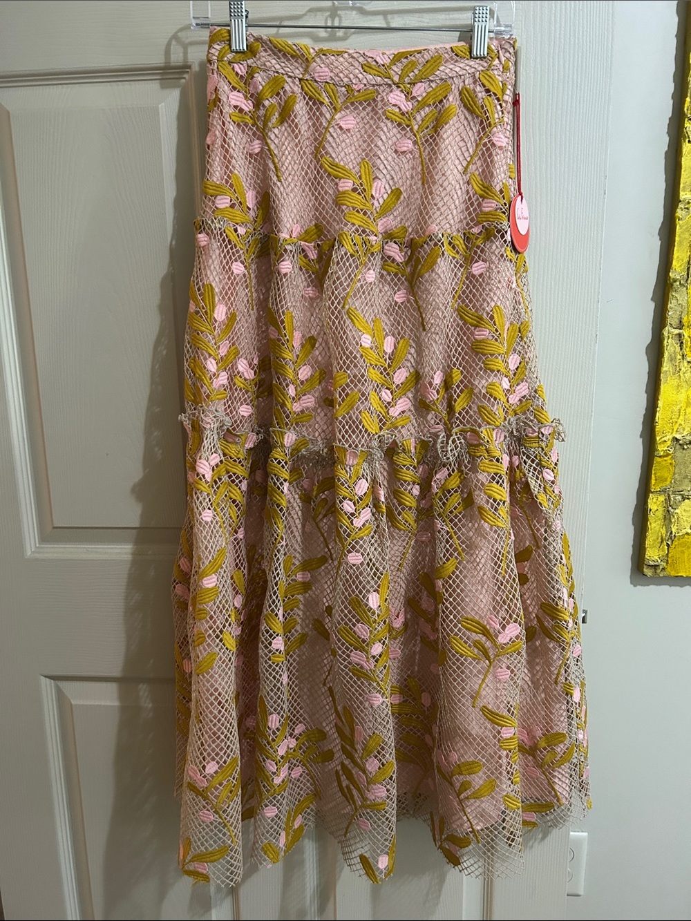 Eva Franco Pink Lace Maxi Skirt with Yellow-Green Leaf Appliqué size 4 NWT
